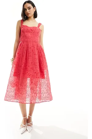 French Connection Embroidered lace sweetheart midi dress in azalea