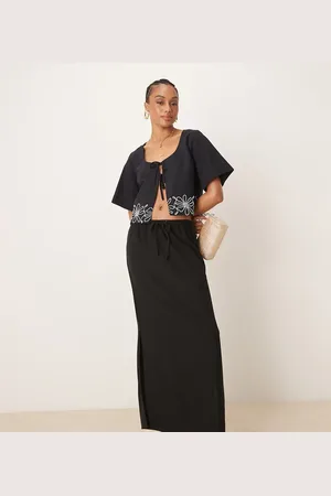JDY Linen mix elastic waist midi skirt in
