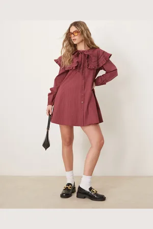 Neon Rose Pinstripe smock dress with collar detail in burgundy