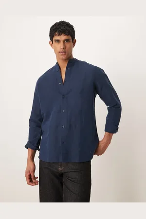 MANGO Band collar linen long sleeve shirt in