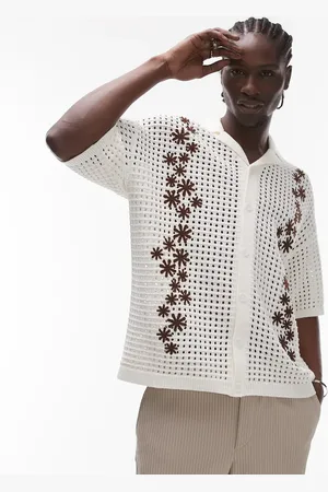 Topman Camp collar embroidered floral crochet shirt in ecru
