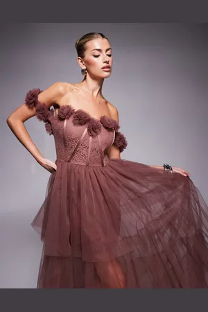 Lace & Beads Rosette corset maxi dress in rose