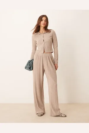 Miss Selfridge Brushed chunky ribbed wide leg pants in stone