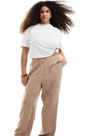 ASOS Curve relaxed straight leg pants with linen in mocha