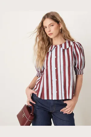 Neon Rose Striped cropped blouse in burgundy and blue