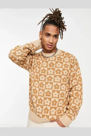 JACK & JONES Oversized jacquard floral checkerboard sweater in beige