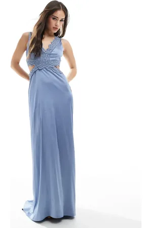 TFNC Bridesmaid satin maxi dress with scalloped lace detail in dusty