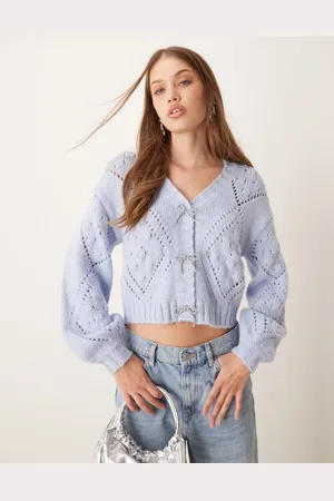 The Frolic Exclusive pointelle stitch diamante bow balloon sleeve cardigan in