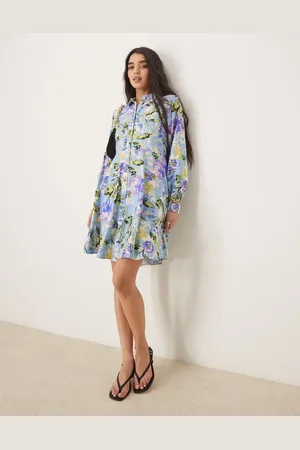 Y.A.S Flippy hem mini shirt dress in blue flower print
