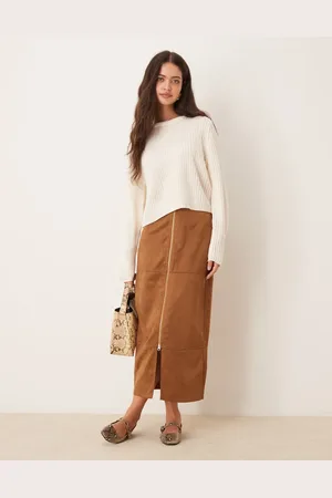 ASOS Zip detail faux suede maxi skirt in brown