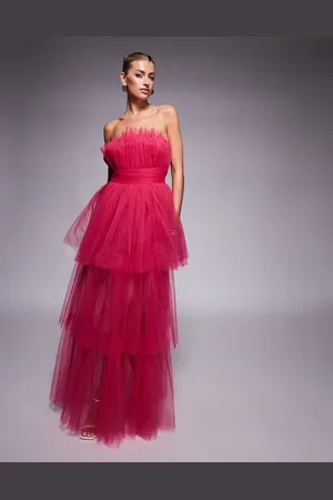 Lace & Beads Bandeau tulle maxi dress in bright