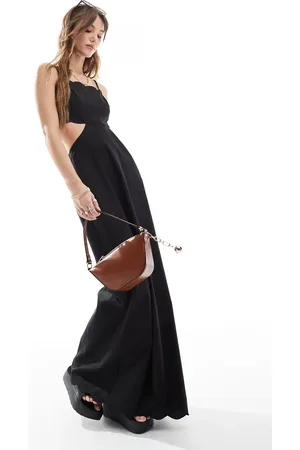The Frolic Exclusive scallop edge lace-up open back maxi dress in black