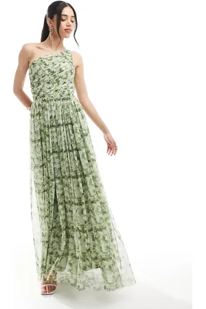 Lace & Beads Bridesmaid one shoulder maxi dress in olive floral