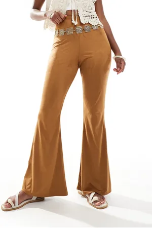 Miss Selfridge Cowgirl suedette flare pants in tan