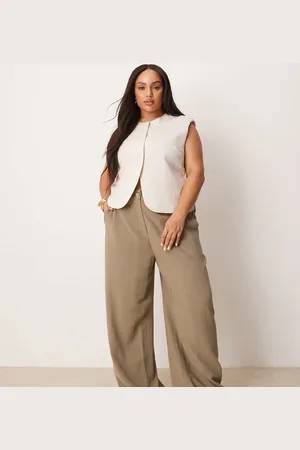 ASOS Curve relaxed straight leg linen mix pants in khaki