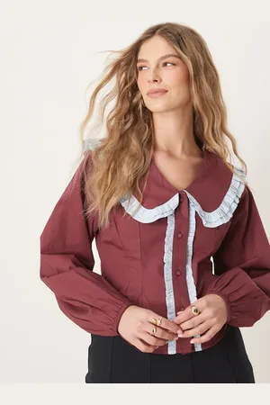 Neon Rose Cinched waist collar detail blouse in burgundy