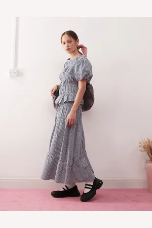 Reclaimed Midi western skirt with ruching detail in blue plaid