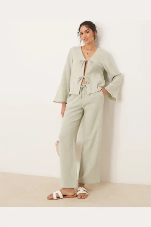 JDY Tie front cheesecloth shirt in sage - part of a set