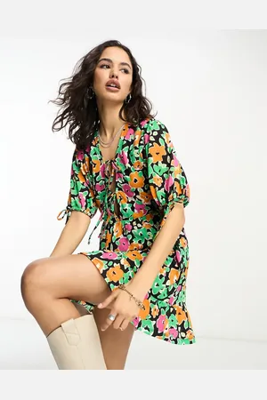 ONLY Puff sleeve V-neck tie detail mini dress in multi floral