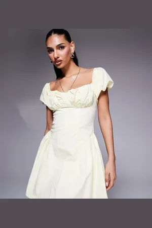 Kaiia Exclusive poplin puff sleeve hip pleat detail mini dress in lemon