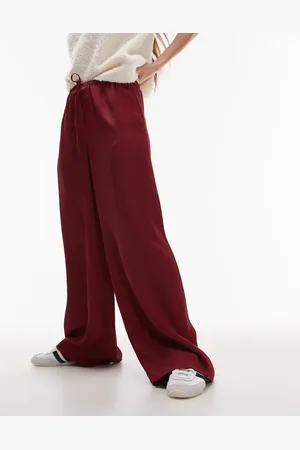 Topshop Satin tie waist wide leg pants in burgundy