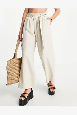 JDY Wide leg belted linen mix pants in stone - part of a set