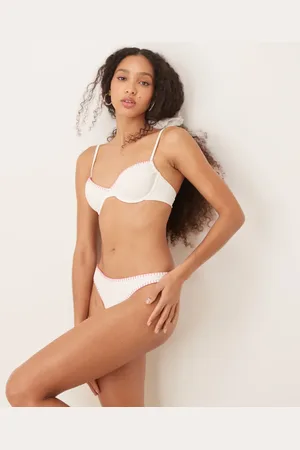 Stradivarius Stitch detail balconette bikini top in white and pink