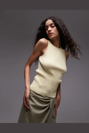 MANGO Fine ribbed linen mix tank top in pale