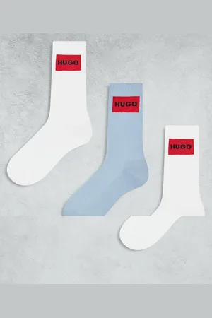 HUGO BOSS 3 pack back box logo ribbed sneaker socks in white/light blue