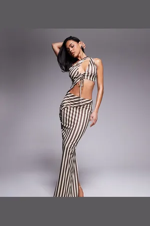 Murci Exclusive mesh one shoulder lace up detail top and maxi skirt set in stripe