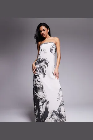 Murci Exclusive chiffon bandeau trapeze maxi dress in black and palm print