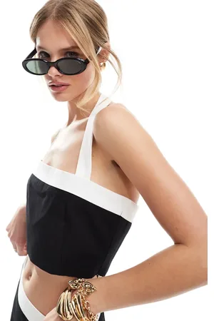 4th & Reckless Linen look halterneck contrast edge crop top in mono - part of a set