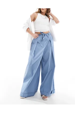 ASOS Super wide leg pants with tie belt in blue