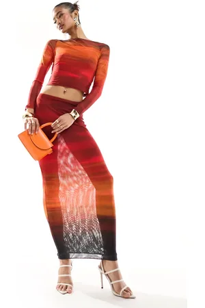 Farai London Cleo mesh long sleeve top and midi skirt set in red ombre