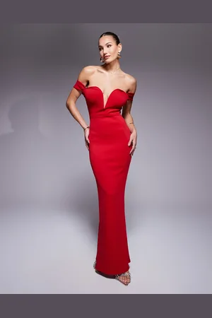 True Violet Plunge neck off shoulder maxi gown in