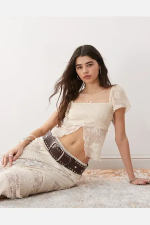 Reclaimed Split front lace top with bow details in ivory