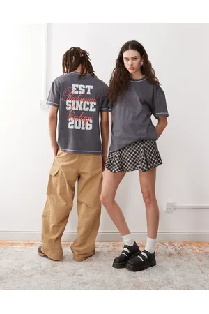 Reclaimed Unisex back graphic print oversized T-shirt in charcoal