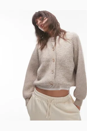 Topshop Knit high v-neck fluffy cardigan in oat