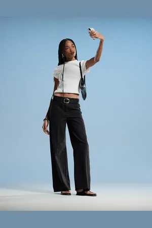 MANGO Emma gold button wide leg jeans in