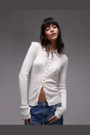 & OTHER STORIES Merino wool blend fine knit fitted cardigan with thumbholes and two-way collar in