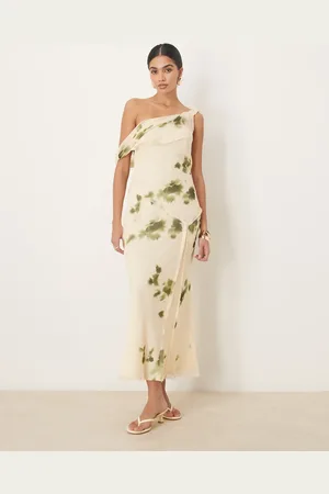 ASOS Fallen shoulder twist cowl neck seam detail midi dress in cream and green blur print