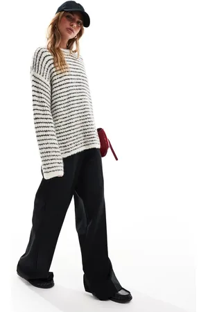 4th & Reckless Wool mix textured wide sleeve crew neck sweater in cream and black stripe