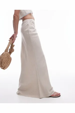 Topshop Linen mix bias midi skirt in natural