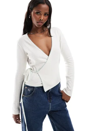 Daisy Street Pointelle wrap-over top in cream