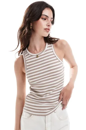 Pieces® Ribbed racer neck tank top in camel stripe