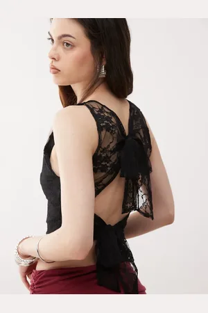 Reclaimed Lace slash neck top with tie back in