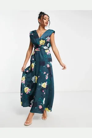 Liquorish Plunge front maxi dress in teal floral print