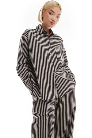 Threadbare Relaxed fit shirt in chocolate brown stripe - part of a set