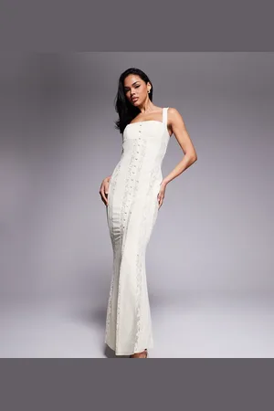 Murci Exclusive square neck sheer lace panel maxi dress in cream