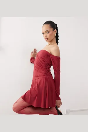 Labelrail X Jennifer McKing slinky ruffle off-shoulder mini dress in burgundy